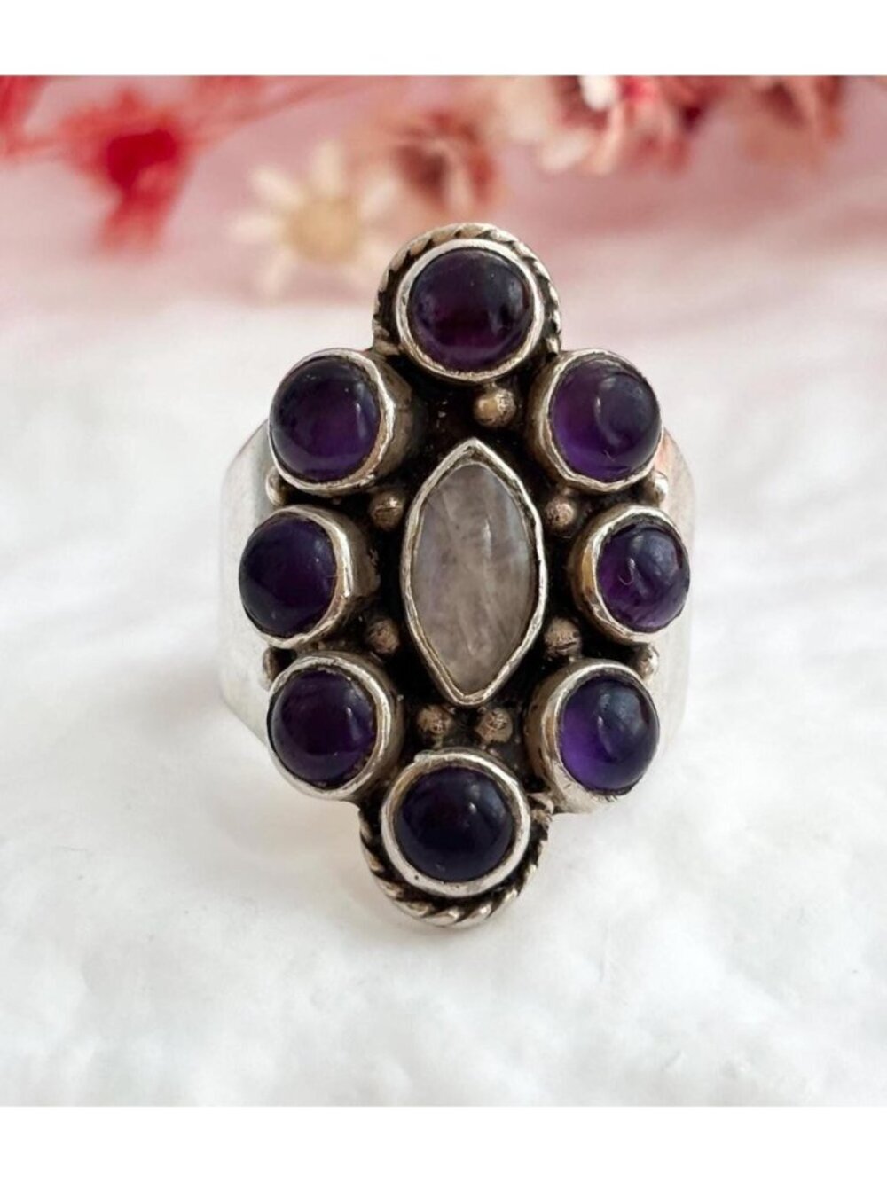 Amethyst Cabochon & Moonstone Art Deco Sterling Silver 925 Vintage Ring sz 6.75